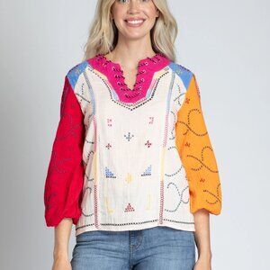 NWT Color Block With Cross-Stitched Embroidery Top